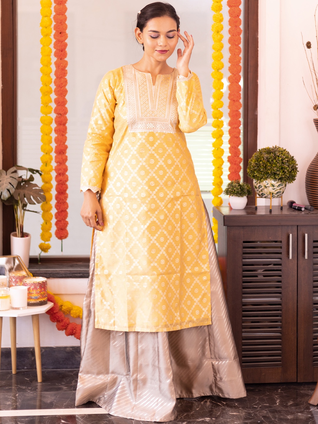 

Libas Women Yellow Ethnic Chanderi Silk Kurta