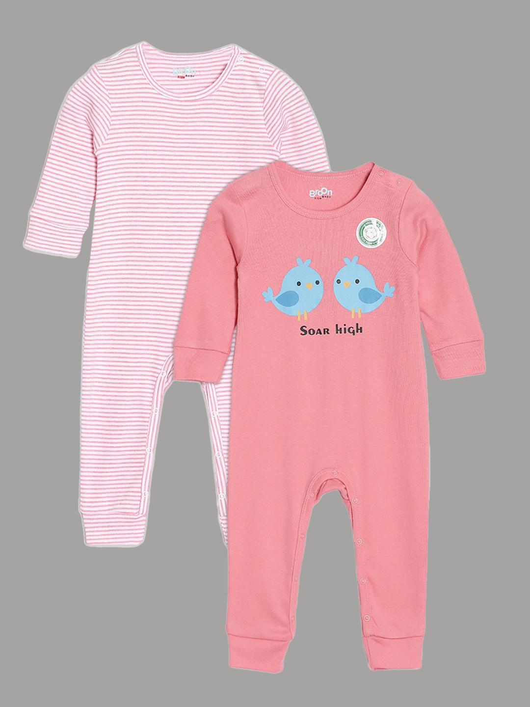 

Broon Girls Pack of 2 Pink & Coral Printed Pure Organic Cotton Rompers