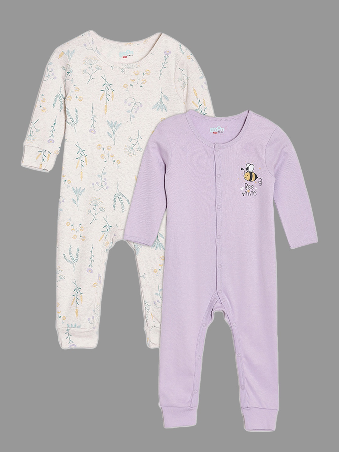 

Broon Infant Girls Pack Of 2 Purple & Off-White Printed Organic Cotton Sleepsuit