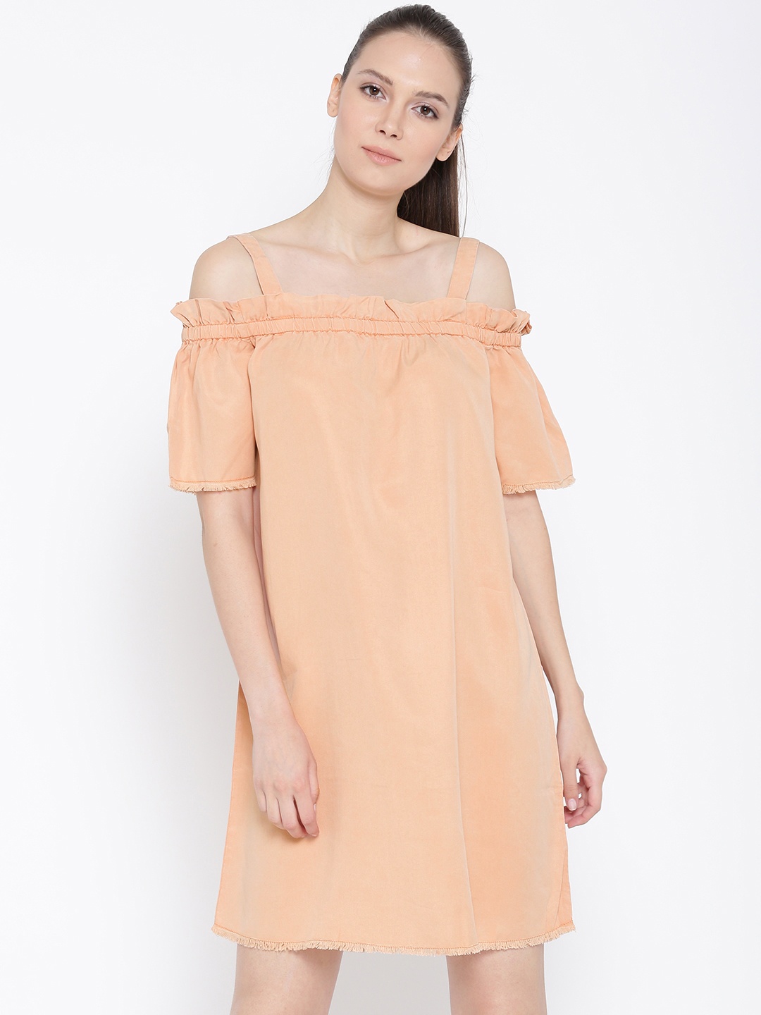 

Vero Moda Women Peach-Coloured Solid Cold Shoulder A-Line Dress