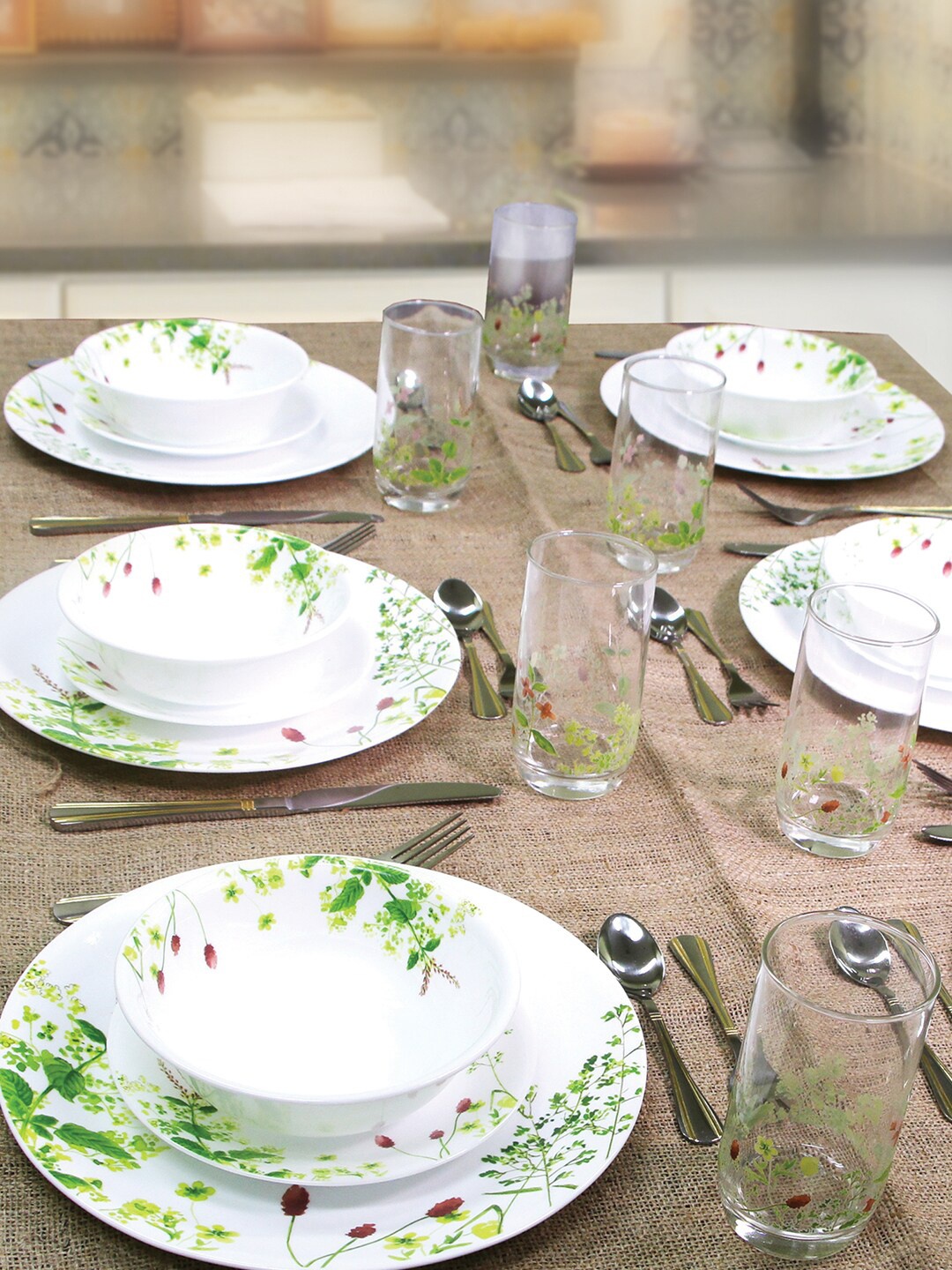 

Corelle White & Green 12 Pieces Floral Printed Glossy Dinner Utility Set