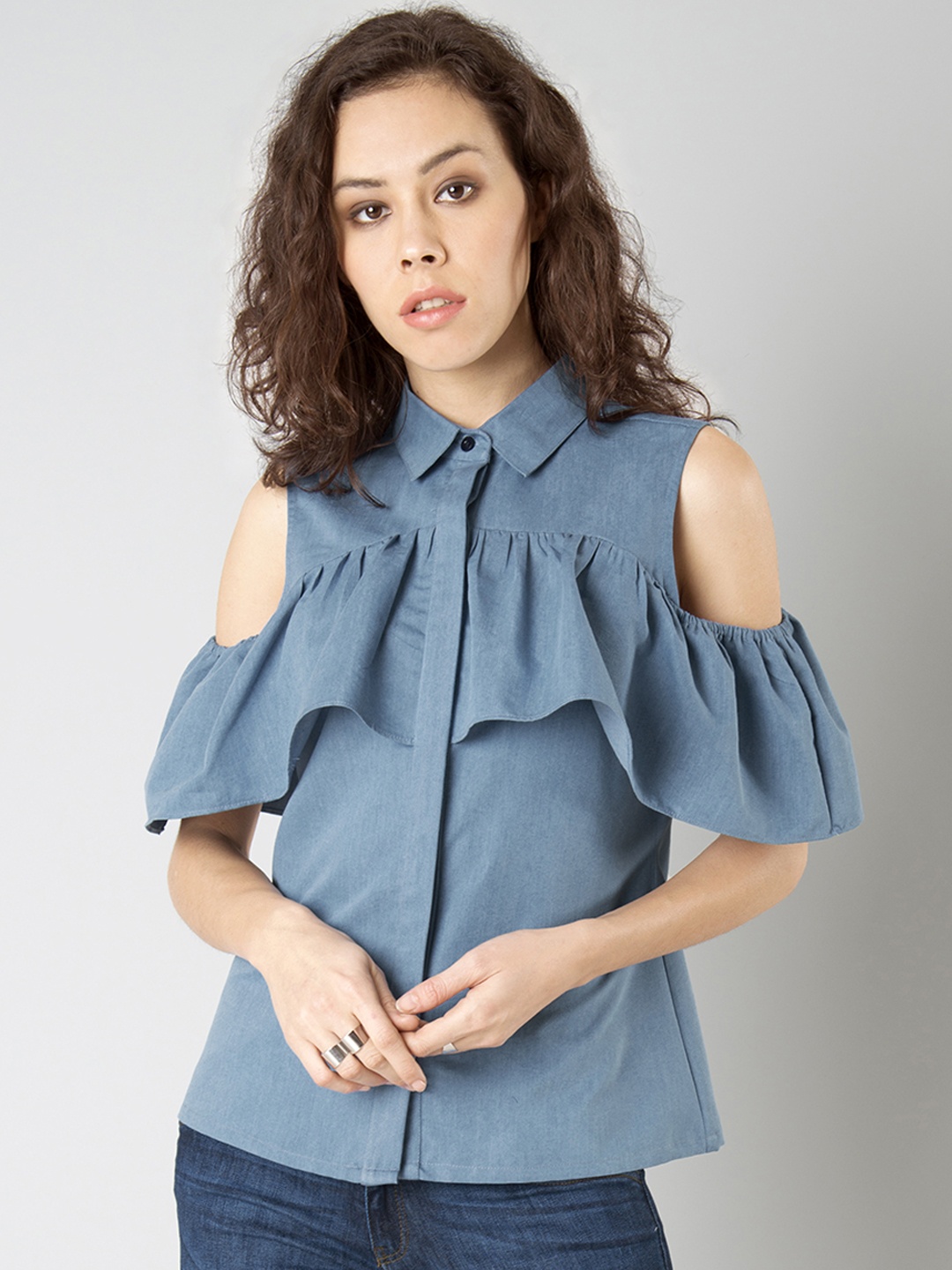 

FabAlley Women Blue Solid Cold Shoulder Denim Top