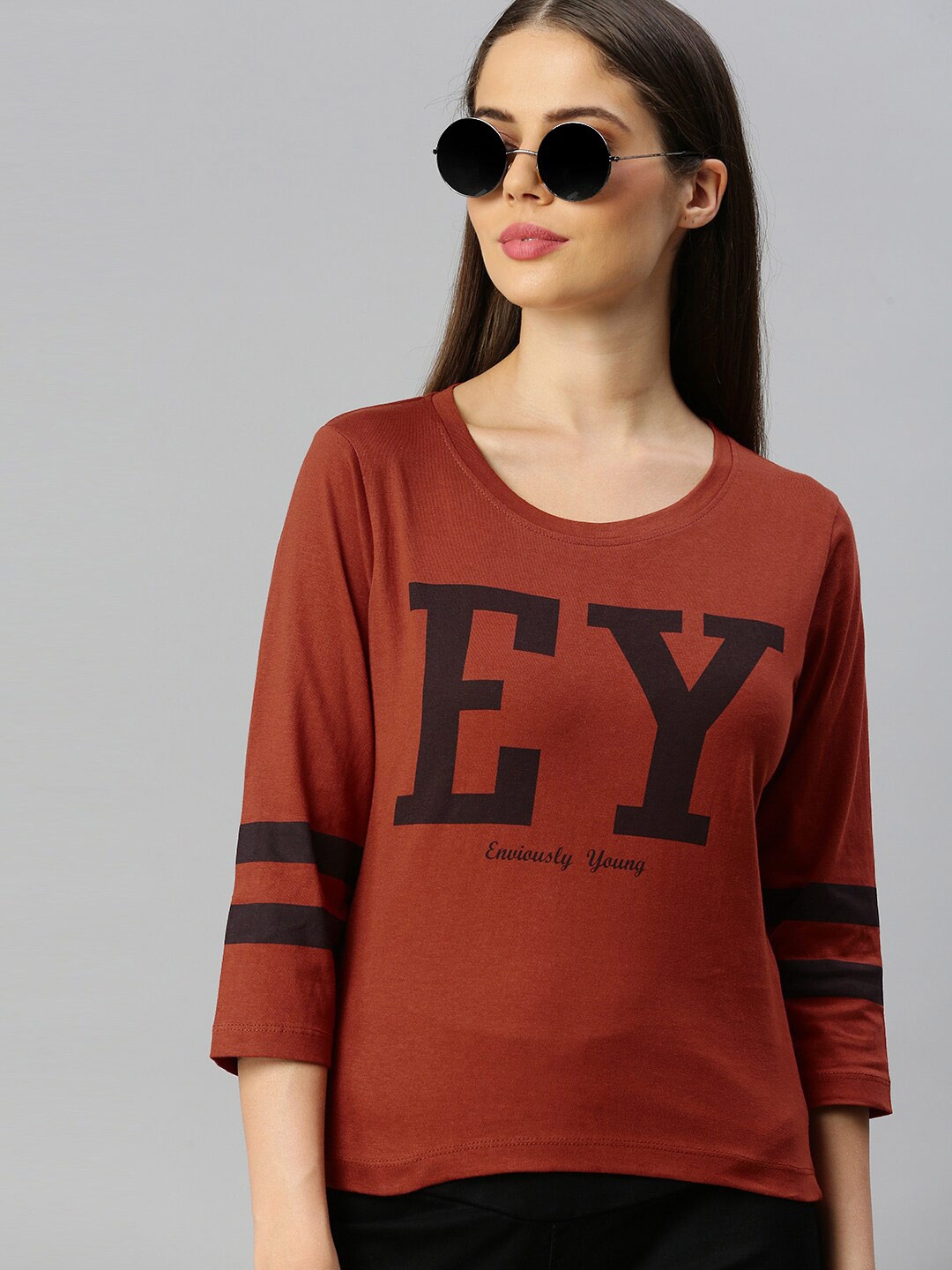 

Enviously Young Women Rust Typography Printed Applique T-shirt