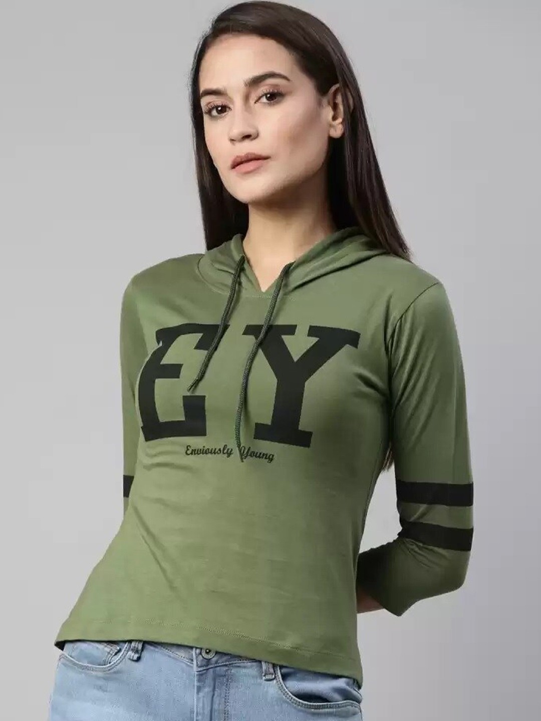 

Enviously Young Women Olive Green Biker Extended Sleeves Applique T-shirt