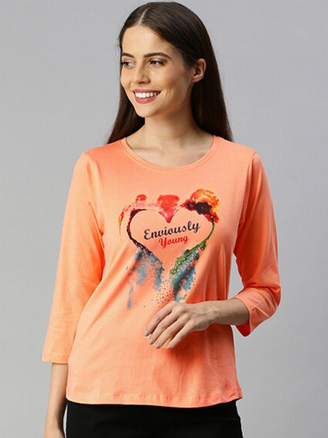 

Enviously Young Women Peach-Coloured Typography Printed Raw Edge T-shirt