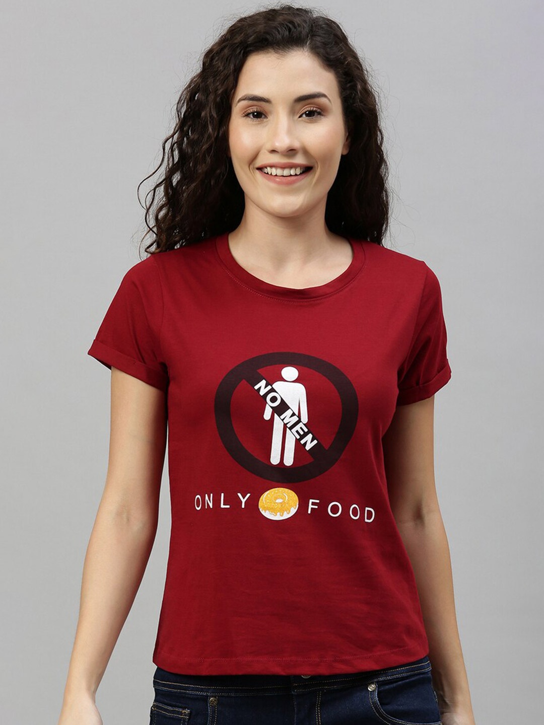 

Enviously Young Women Maroon Typography Printed Extended Sleeves Applique T-shirt