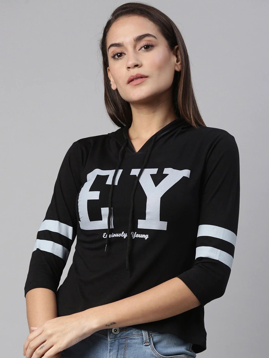 

Enviously Young Women Black Typography Printed High Neck Applique T-shirt