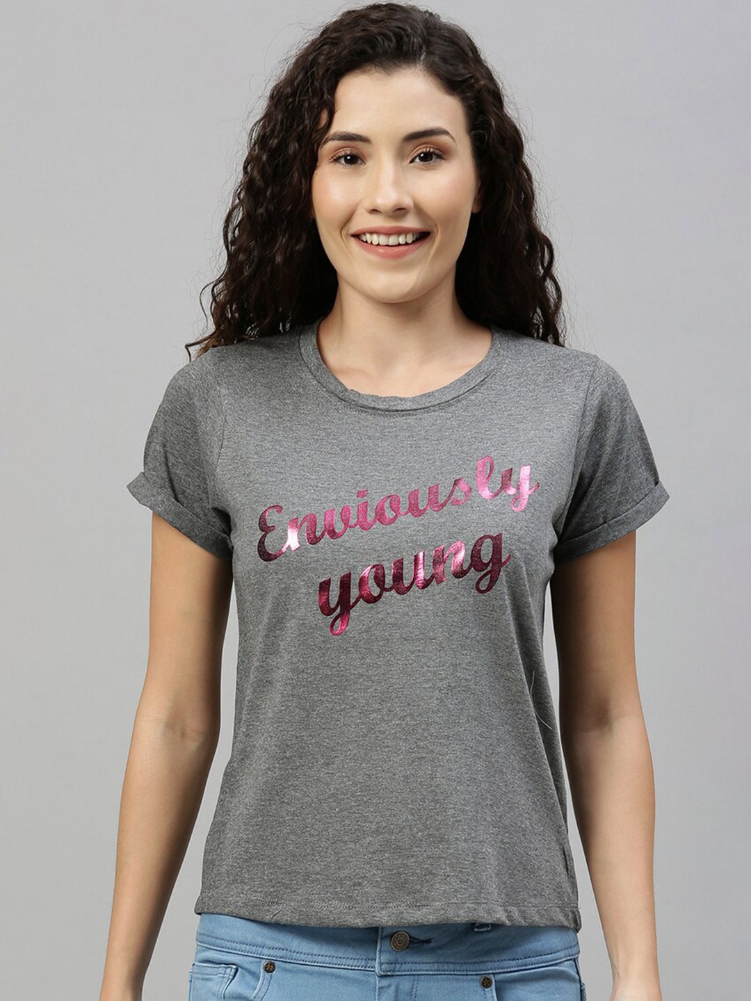 

Enviously Young Women Grey Typography Printed Applique T-shirt