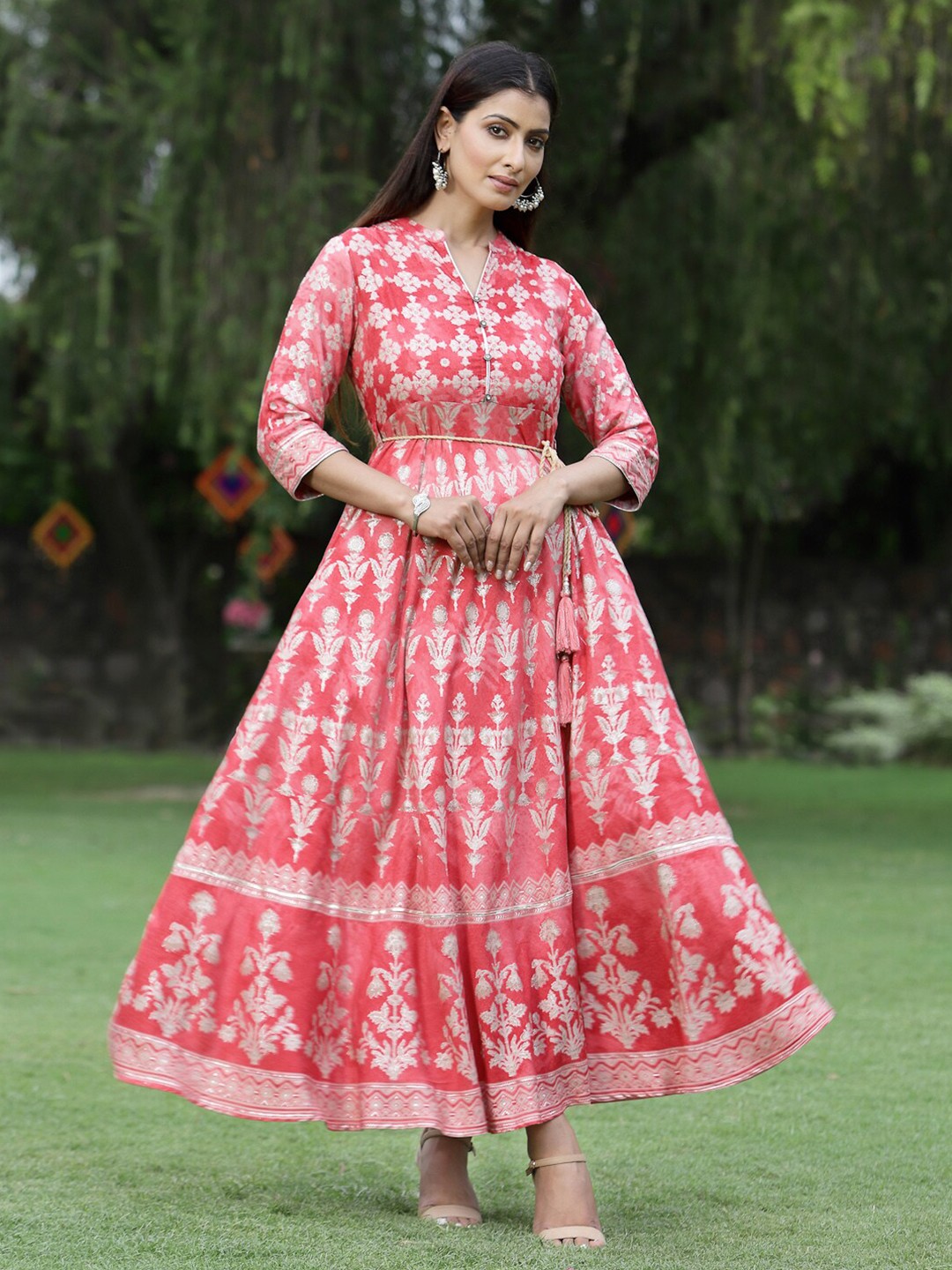

Juniper Peach-Coloured Floral Ethnic Maxi Dress
