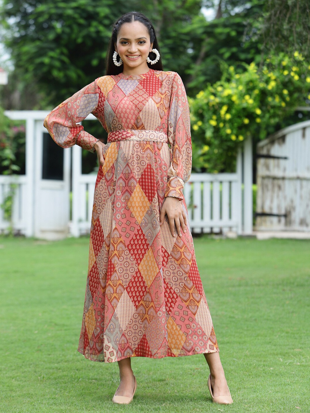 

Juniper Multicoloured Chiffon Ethnic Maxi Dress, Multi