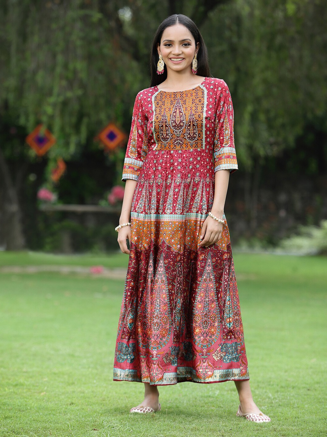 

Juniper Maroon Ethnic Motifs Satin Ethnic Maxi Dress