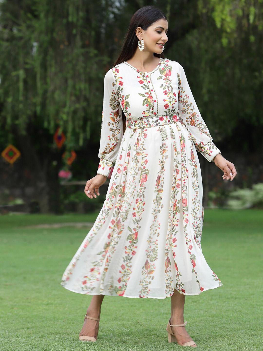 

Juniper Off White Floral Chiffon Ethnic Midi Dress
