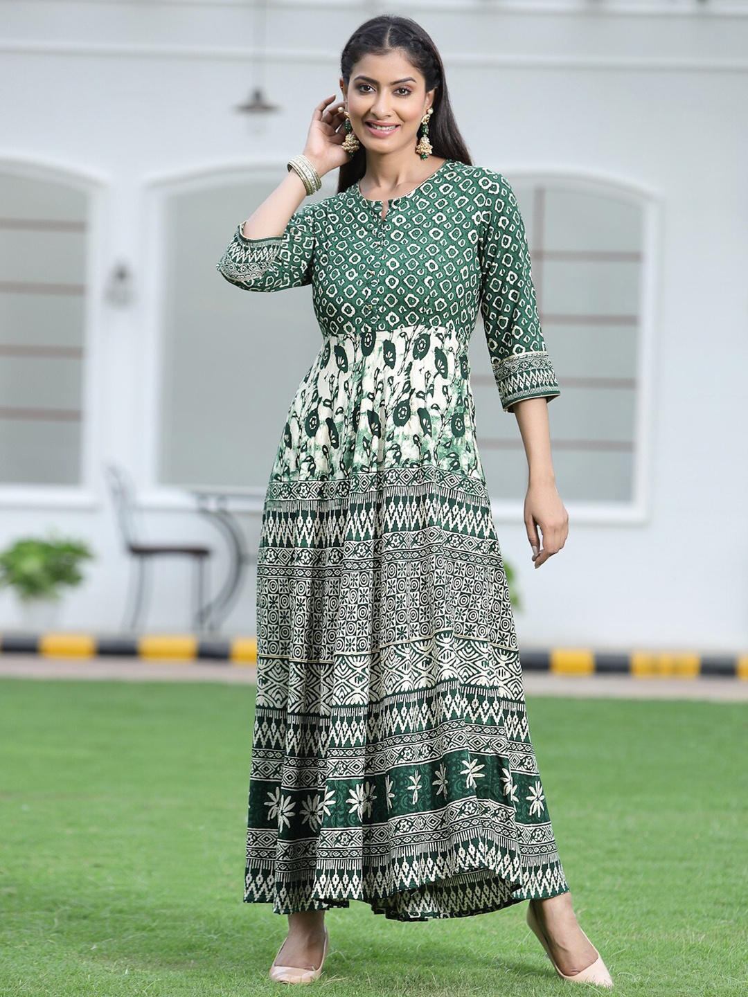 

Juniper Green Floral Ethnic Maxi Dress