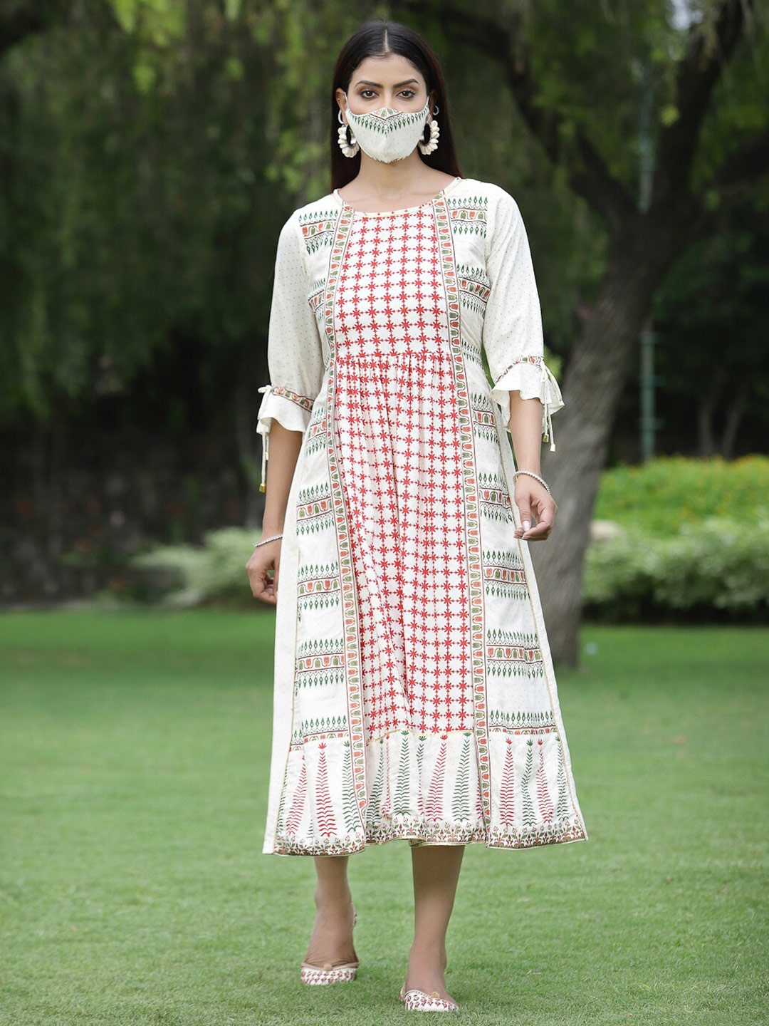 

Juniper Off White Checked Ethnic A-Line Midi Dress