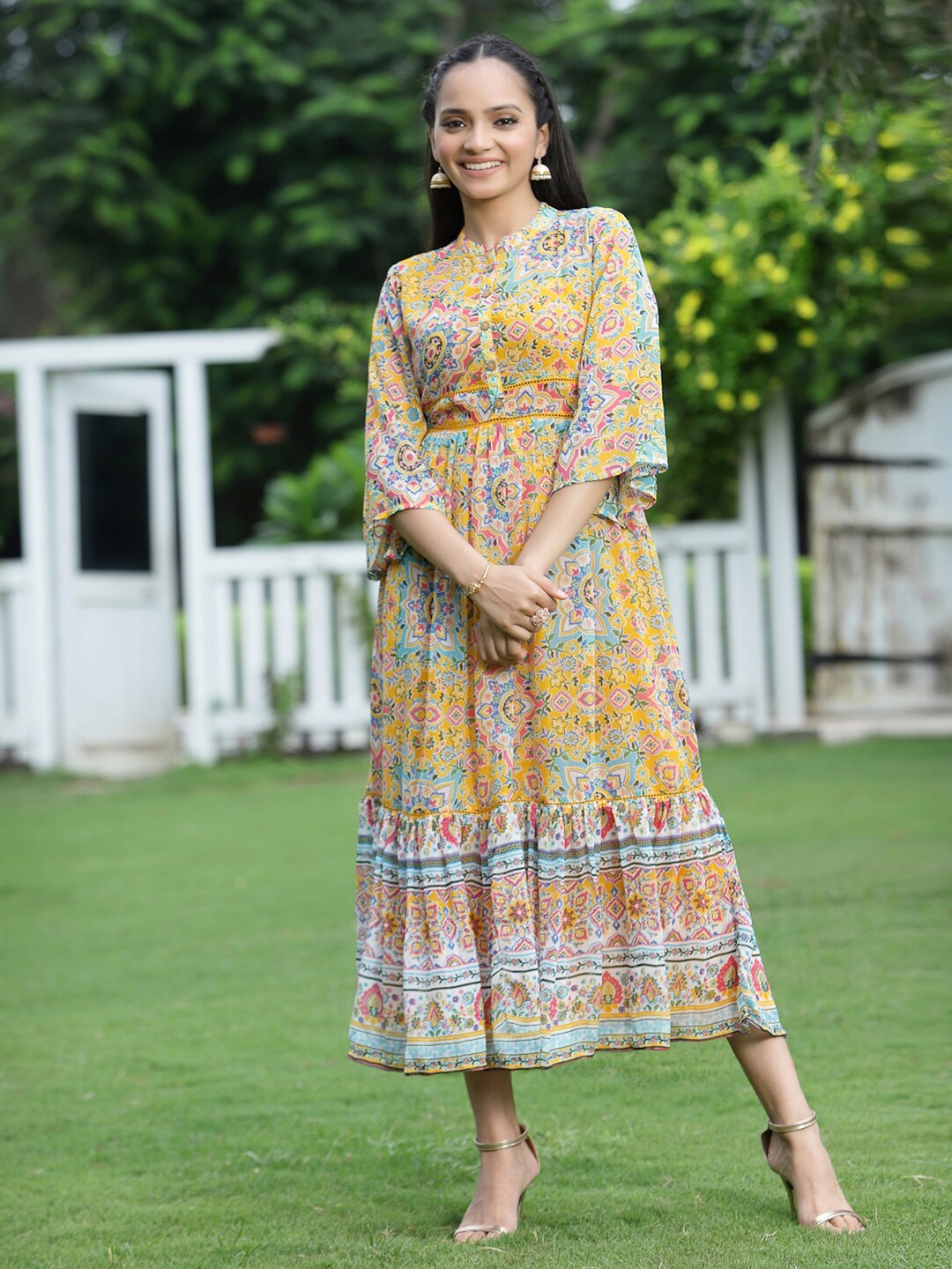 

Juniper Mustard Yellow Floral Chiffon Ethnic A-Line Midi Dress