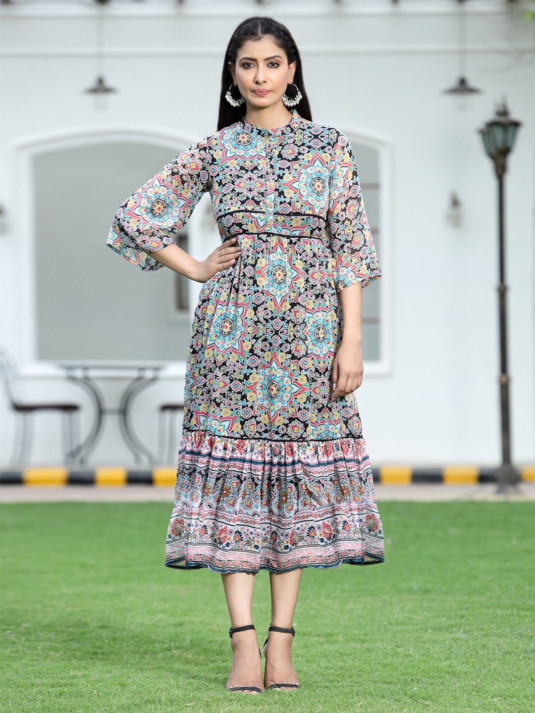 

Juniper Black Floral Chiffon Ethnic A-Line Midi Dress
