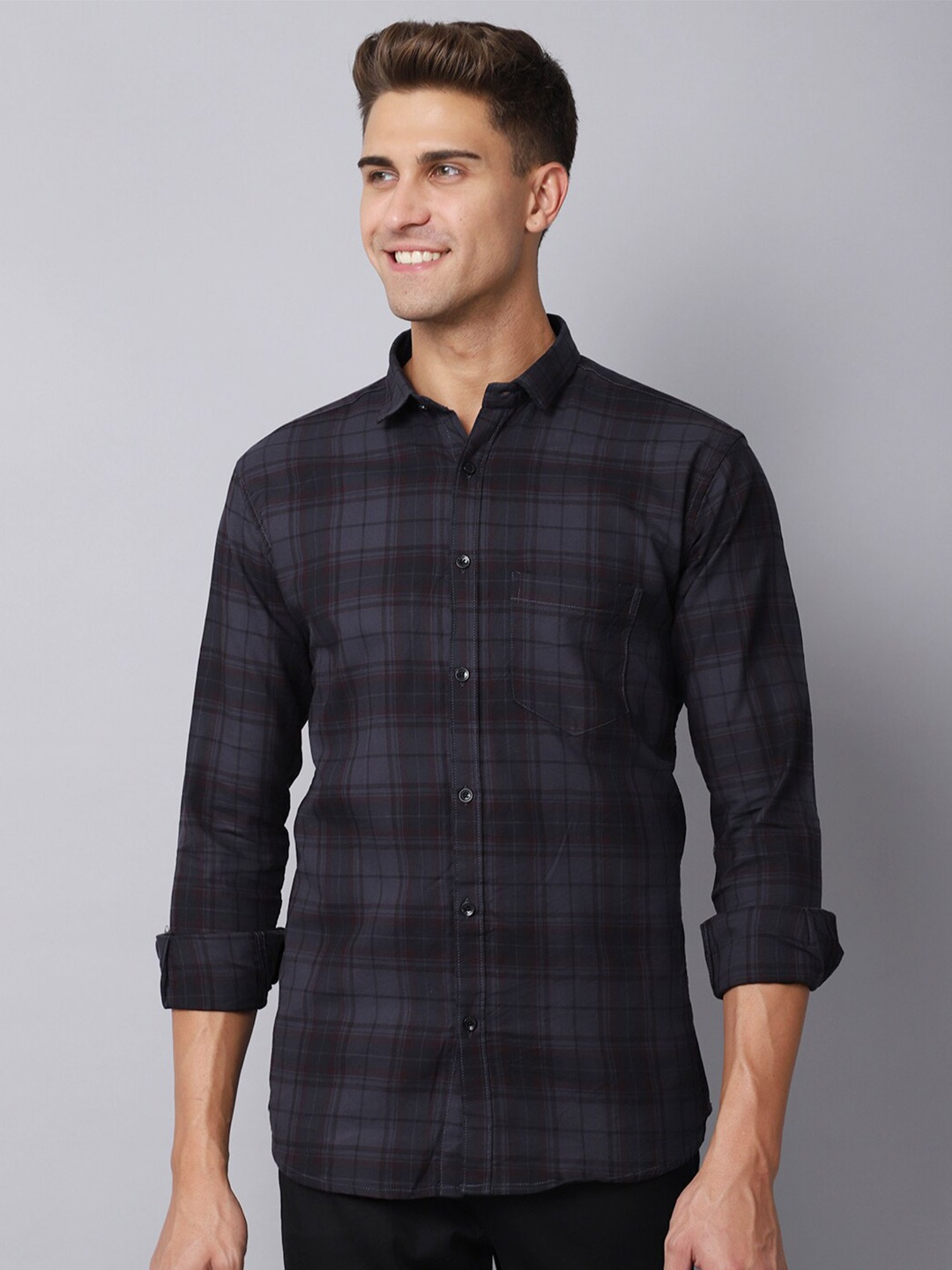 

Majestic Man Men Grey Slim Fit Tartan Checks Checked Casual Shirt