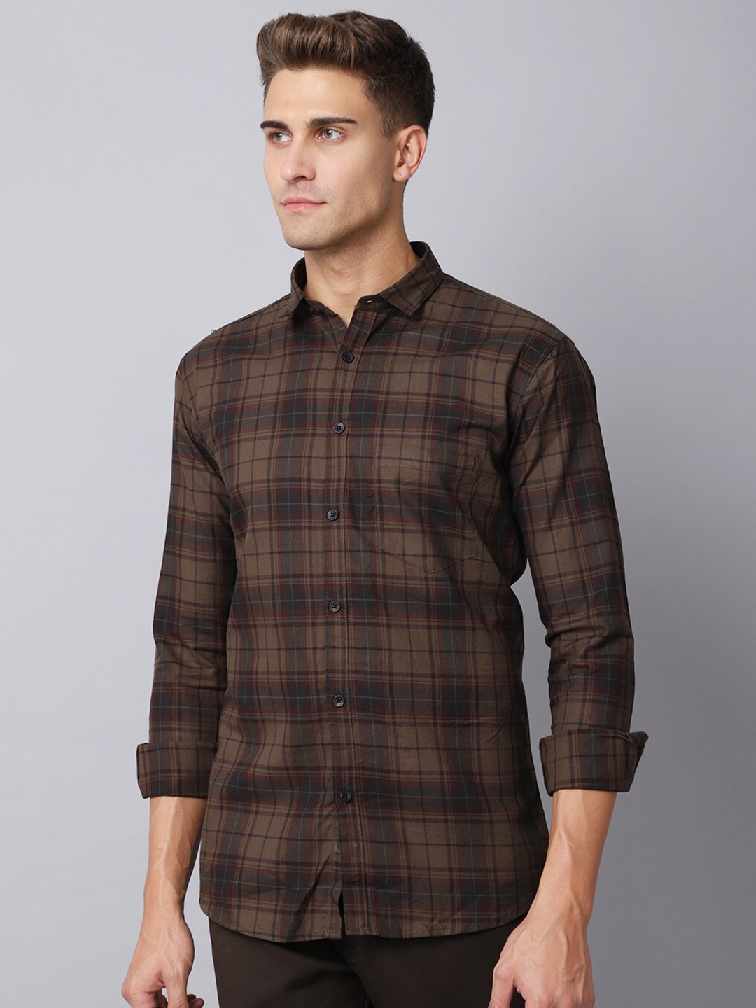 

Majestic Man Men Brown Slim Fit Tartan Checks Checked Casual Shirt