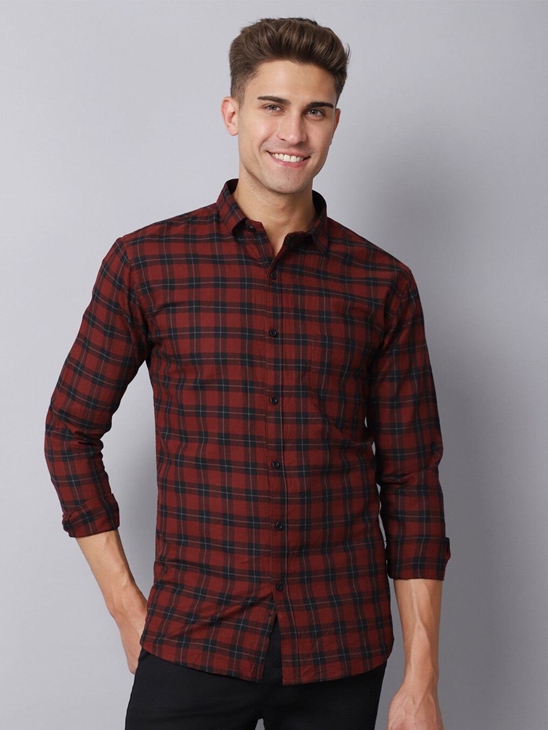 

Majestic Man Men Maroon Slim Fit Tartan Checks Checked Casual Shirt