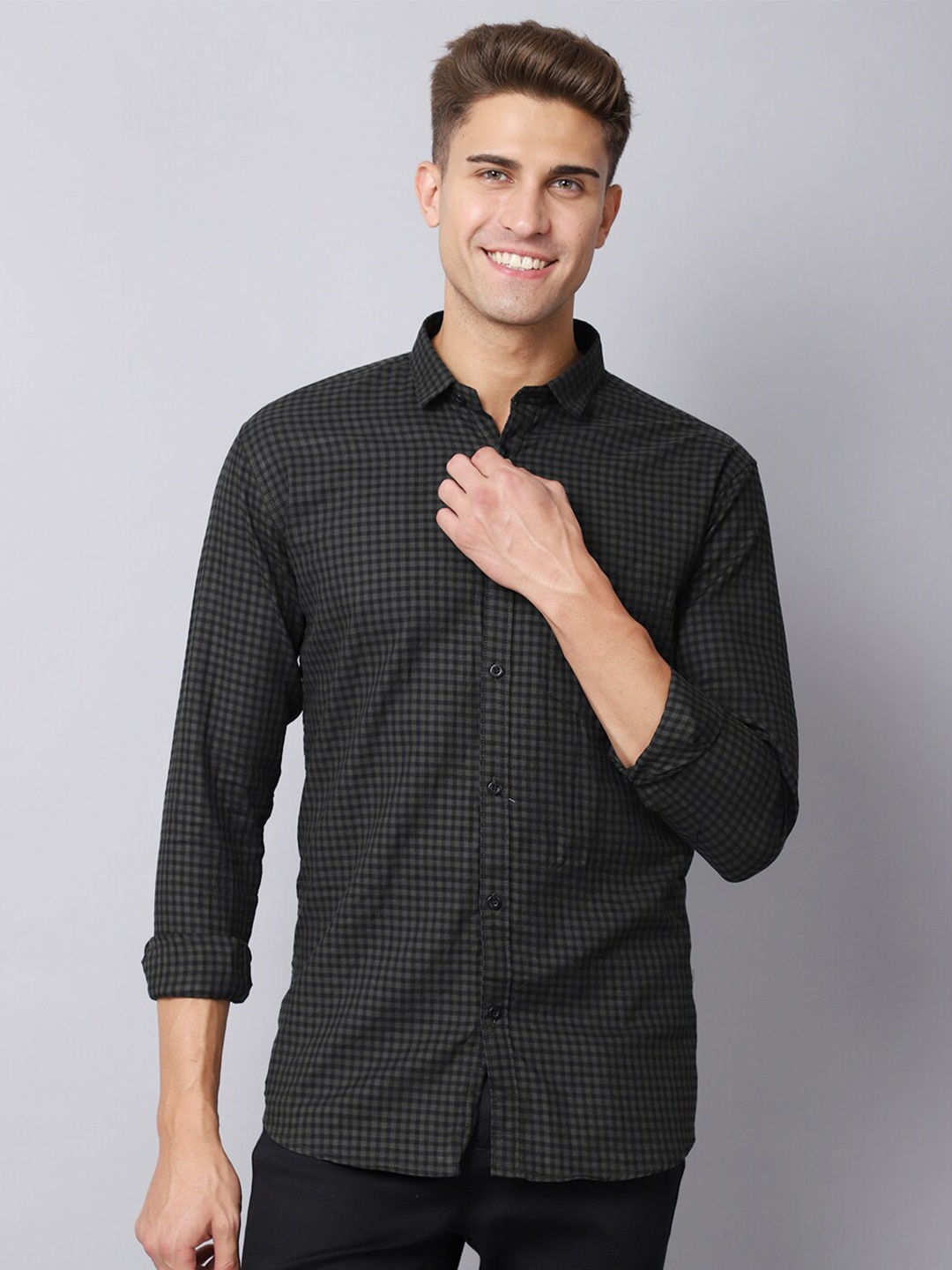 

Majestic Man Men Green Slim Fit Grid Tattersall Checks Checked Casual Shirt