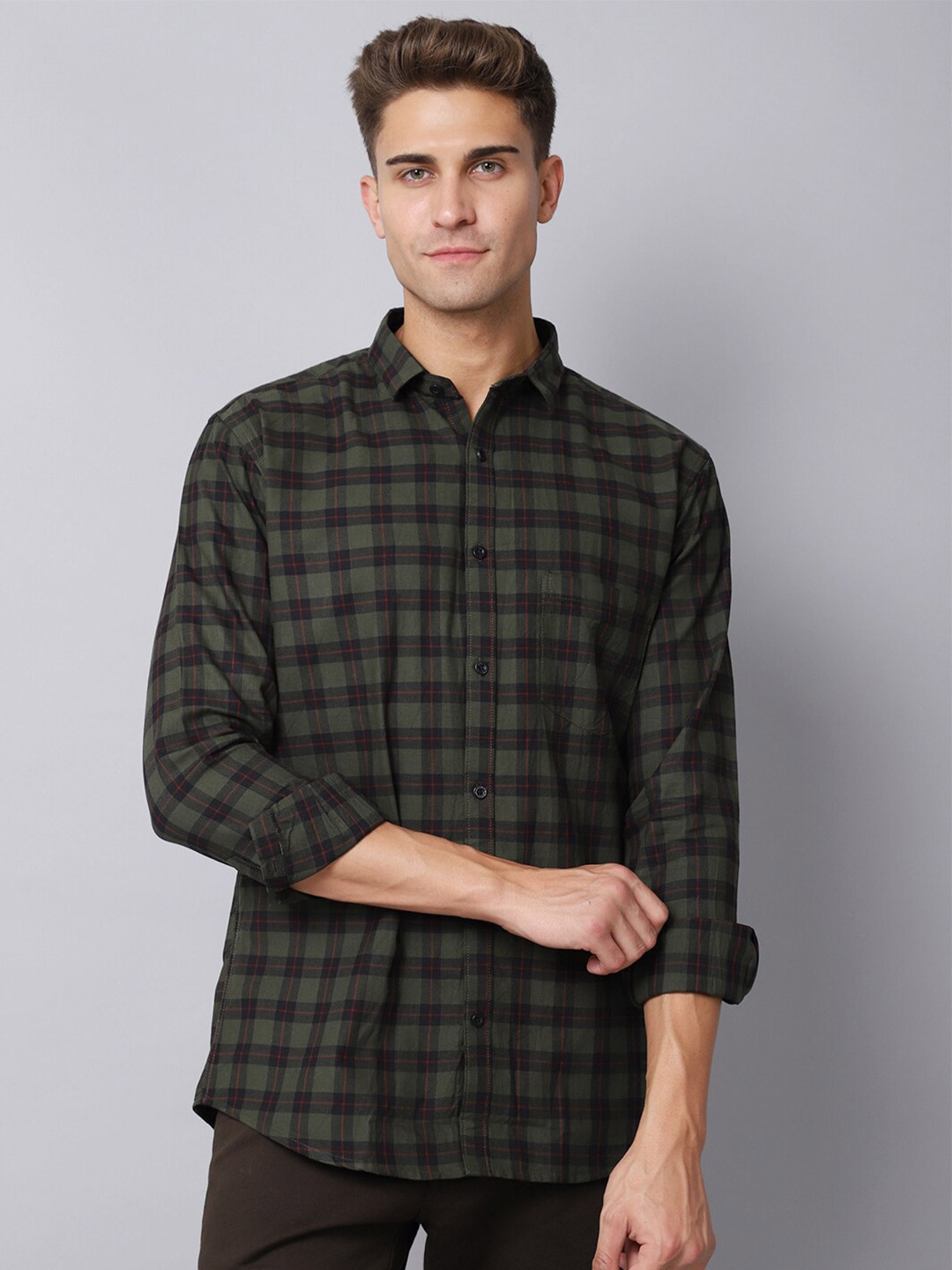 

Majestic Man Men Green Slim Fit Checked Casual Shirt