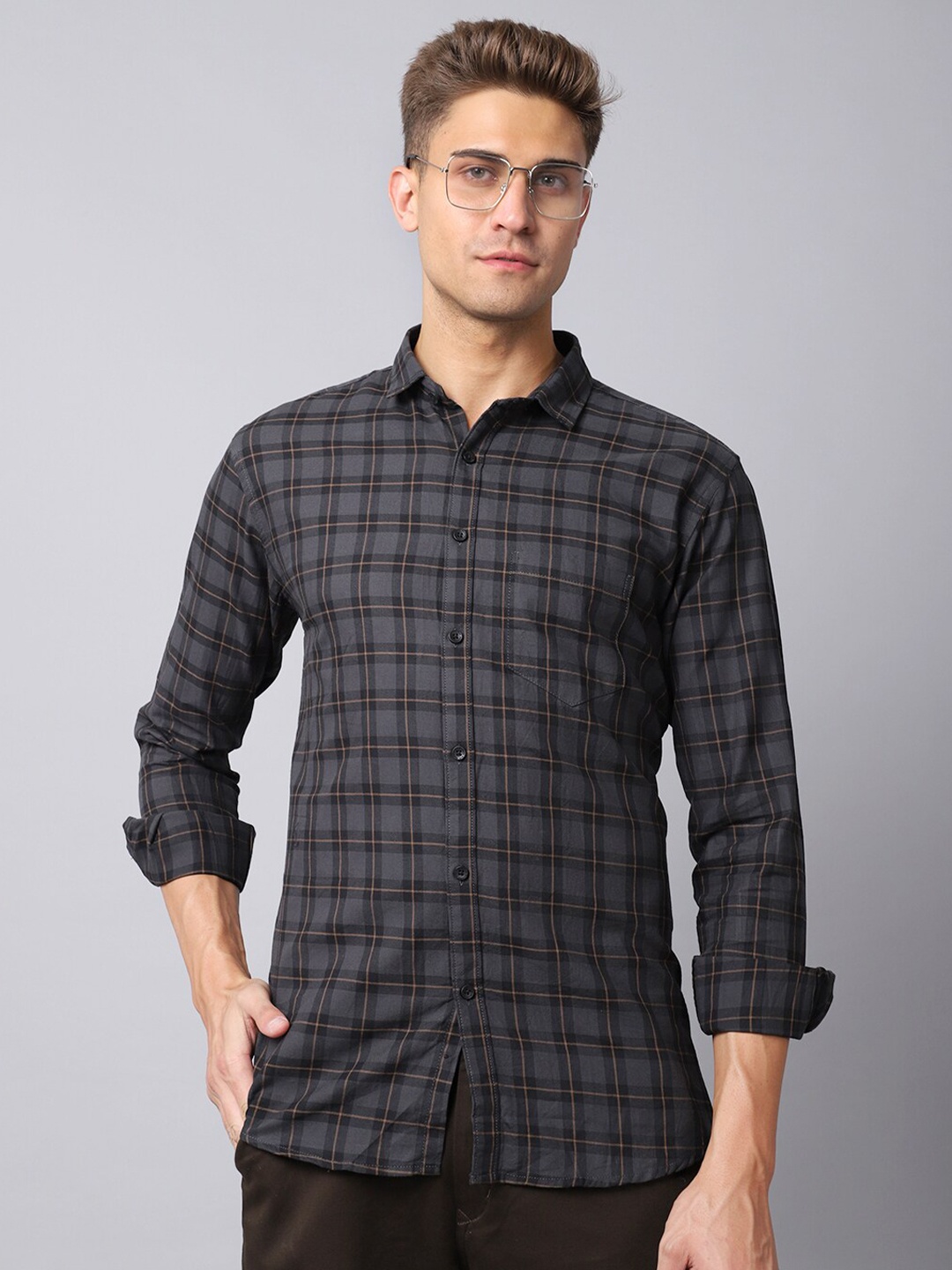 

Majestic Man Men Grey Slim Fit Tartan Checks Checked Casual Shirt