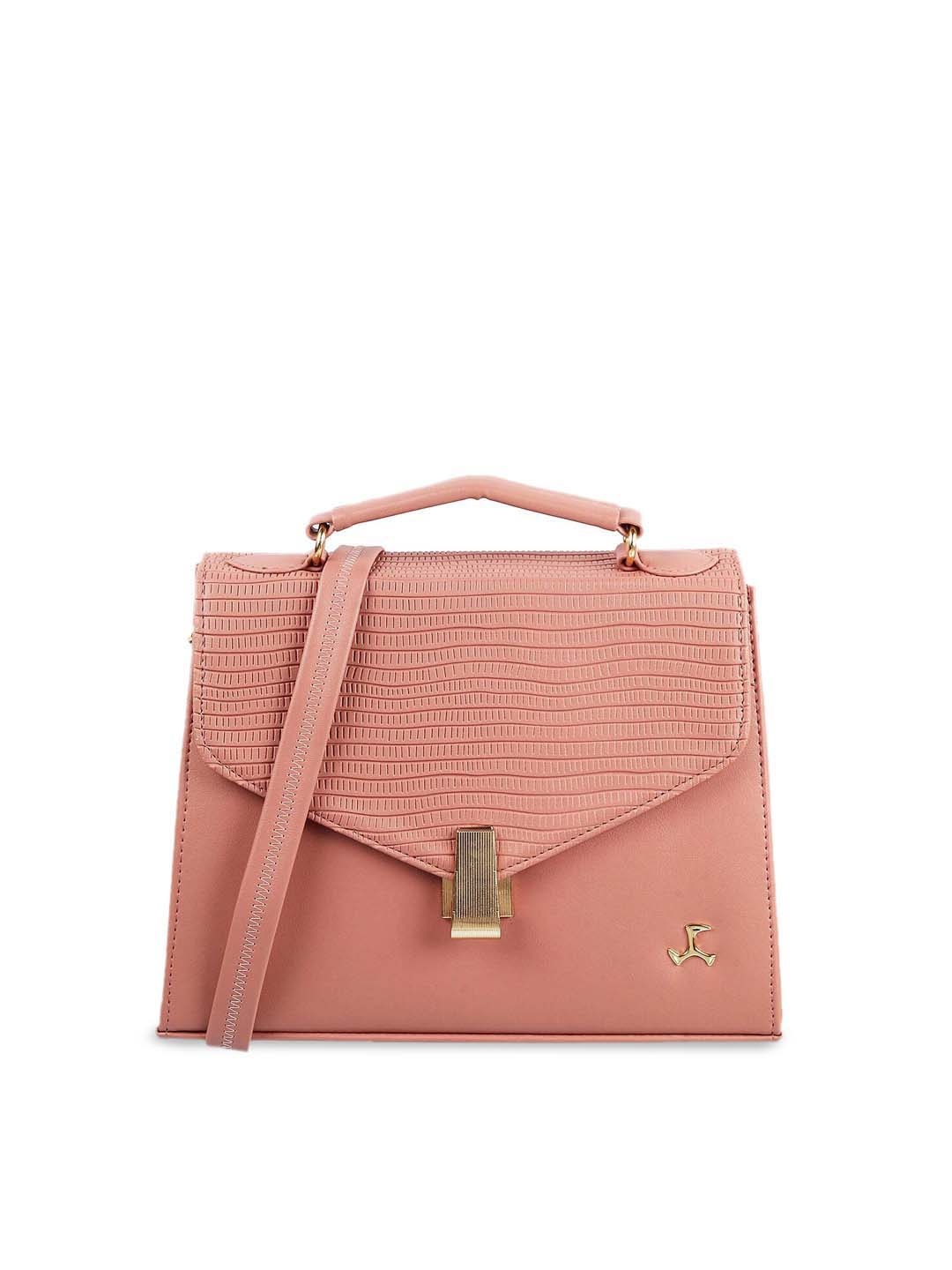 

Mochi Peach-Coloured Textured Structured Satchel with Cut Work