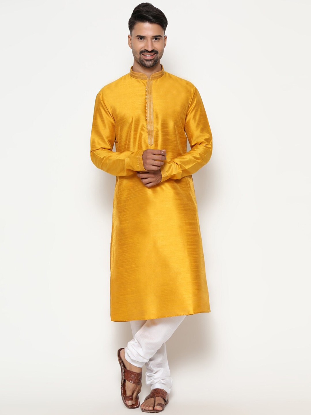 

COCOI LIFESTYLE Men Mustard Yellow Dupion Silk Kurta with Churidar