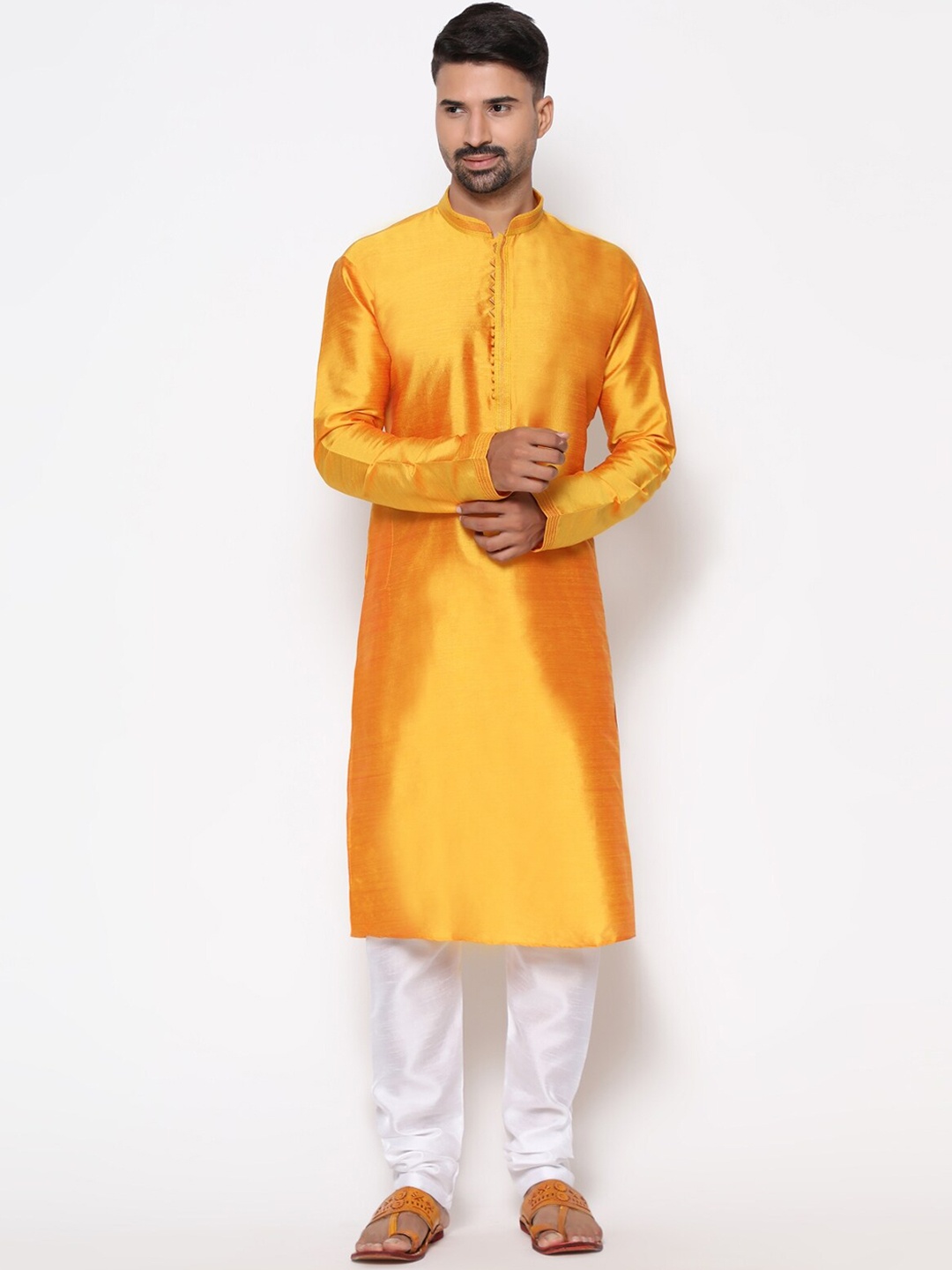 

COCOI LIFESTYLE Men Mustard Yellow Dupion Silk Kurta with Pyjamas