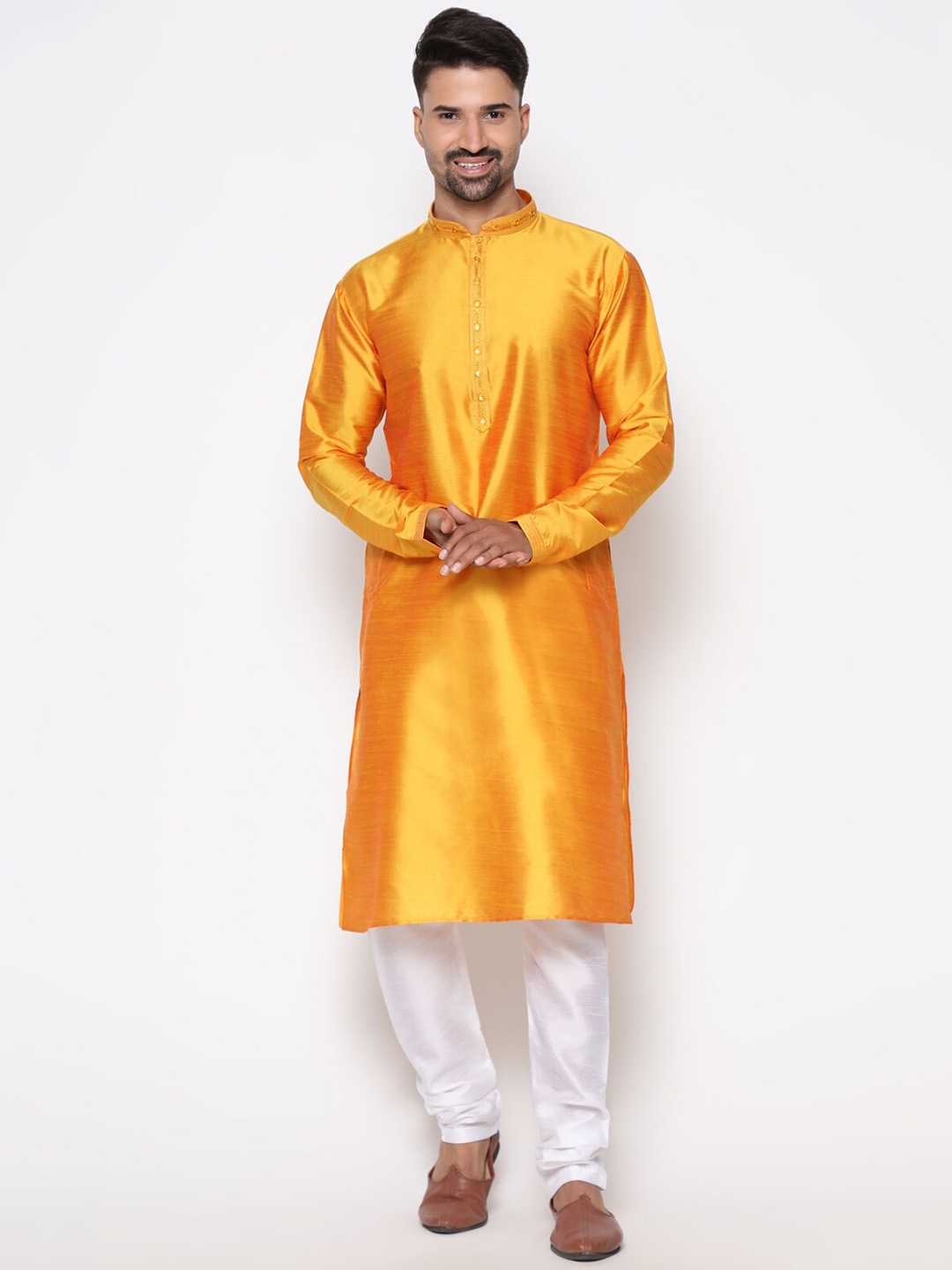 

COCOI LIFESTYLE Men Mustard Yellow Dupion Silk Kurta with Churidar