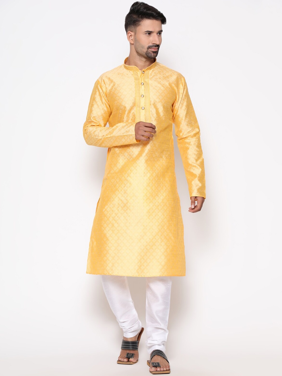 

COCOI LIFESTYLE Men Yellow Dupion Silk Kurta with Churidar