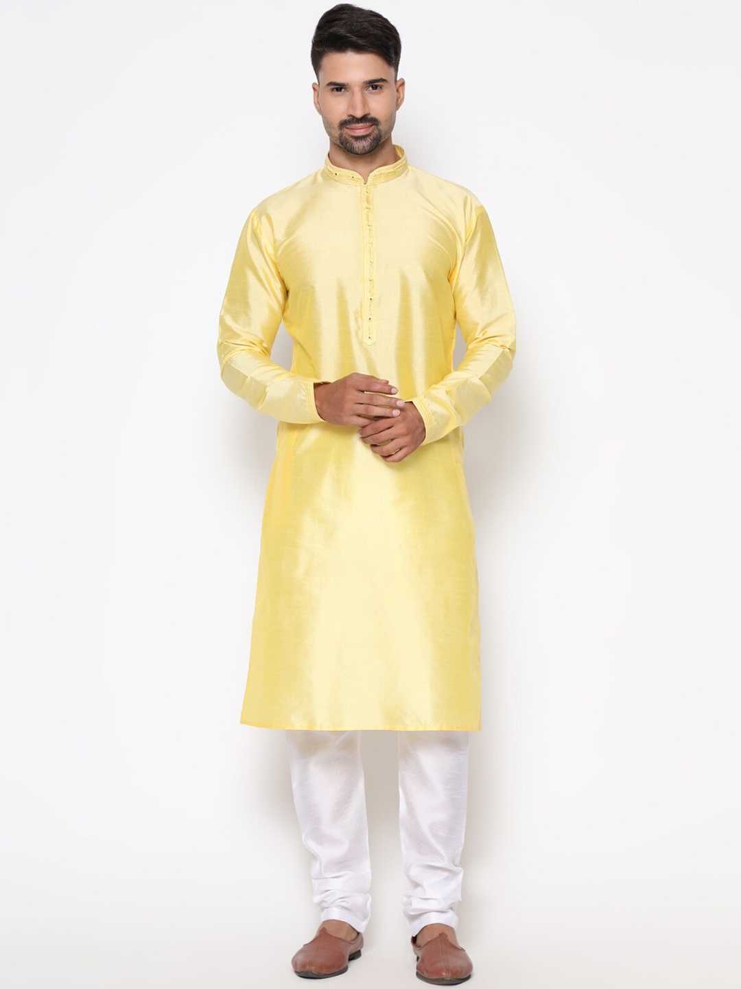 

COCOI LIFESTYLE Men Yellow Dupion Silk Kurta with Pyjamas