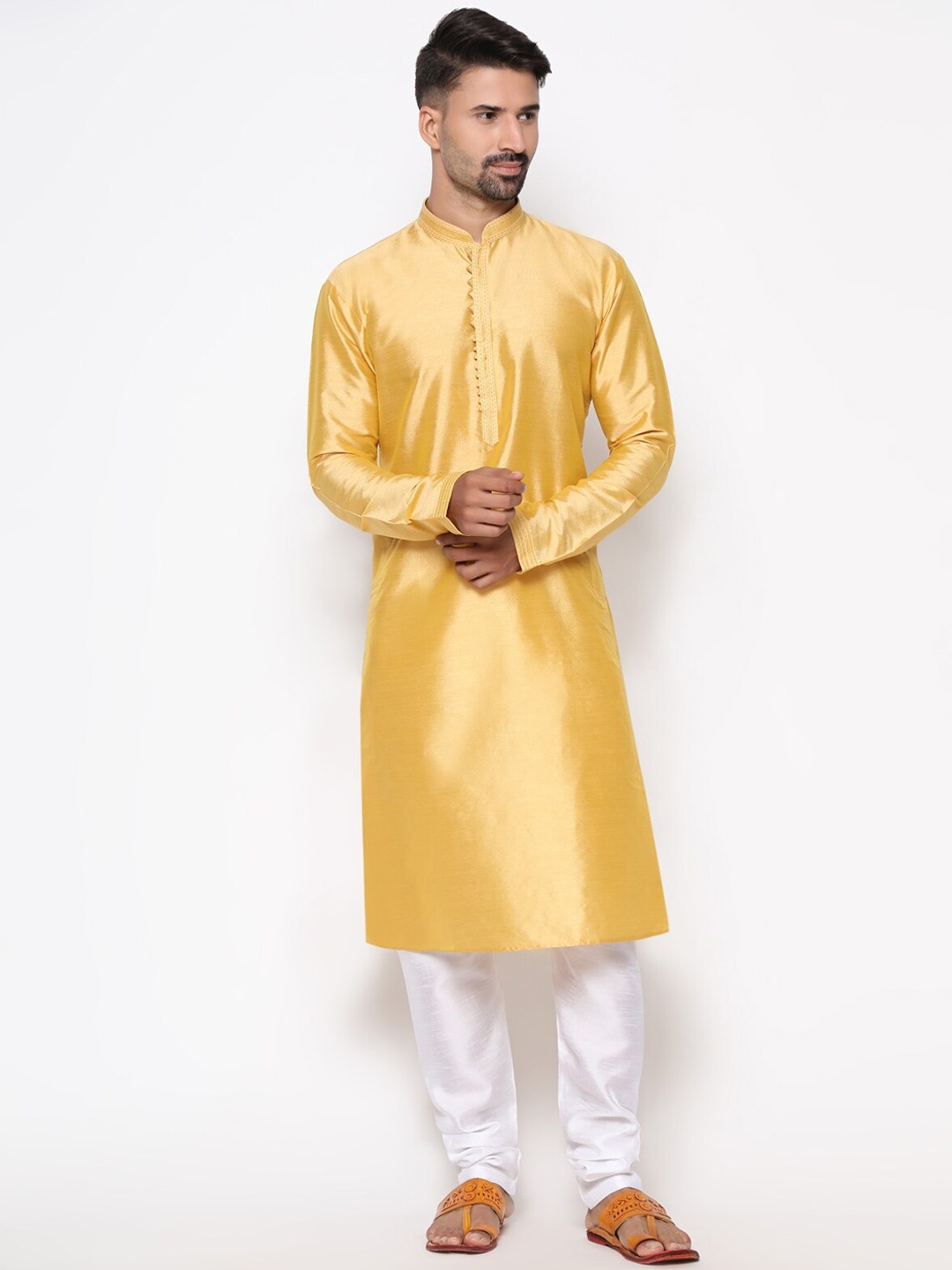 

COCOI LIFESTYLE Men Yellow Dupion Silk Kurta with Pyjamas
