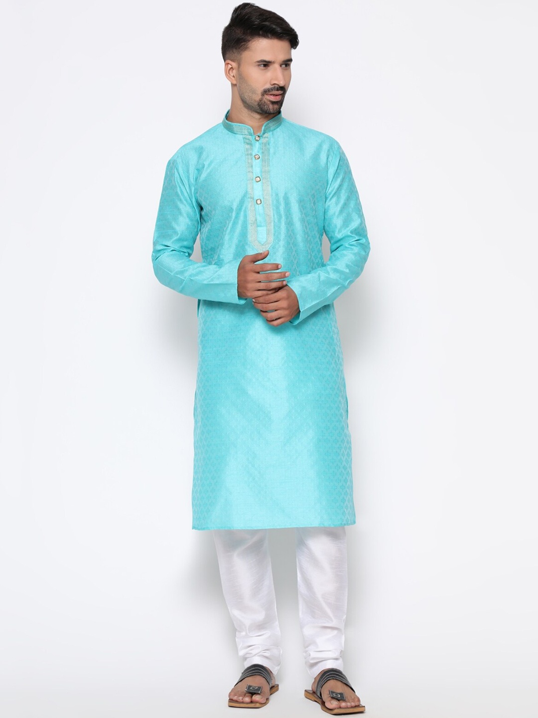 

COCOI LIFESTYLE Men Blue Dupion Silk Kurta with Pyjamas