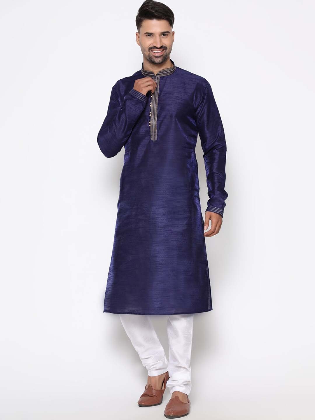 

COCOI LIFESTYLE Men Navy Blue Dupion Silk Kurta with Pyjamas