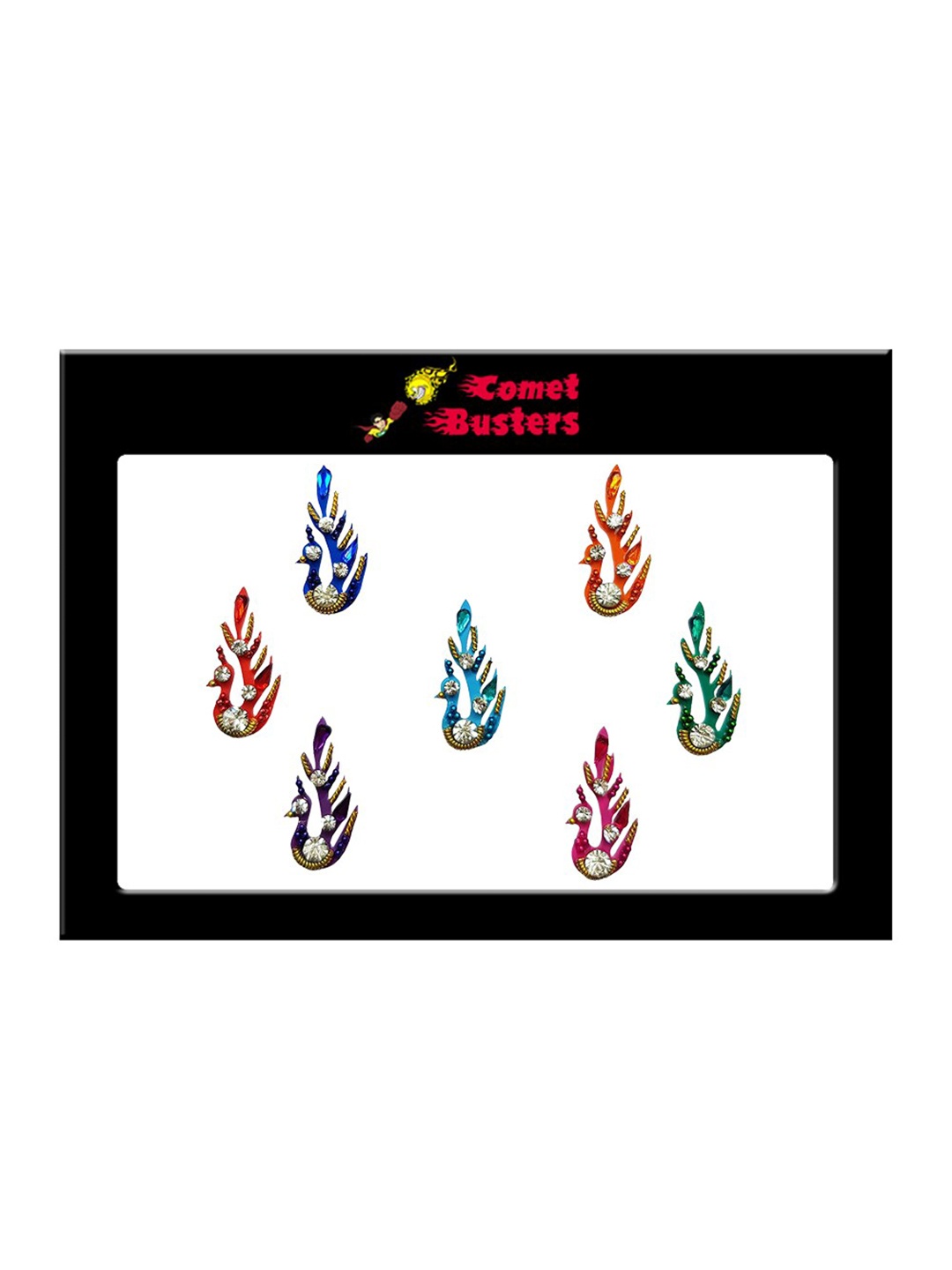 Comet Busters 7 Pcs Multicoloured Peacock Shaped Stone Studded Bindi, Multi
