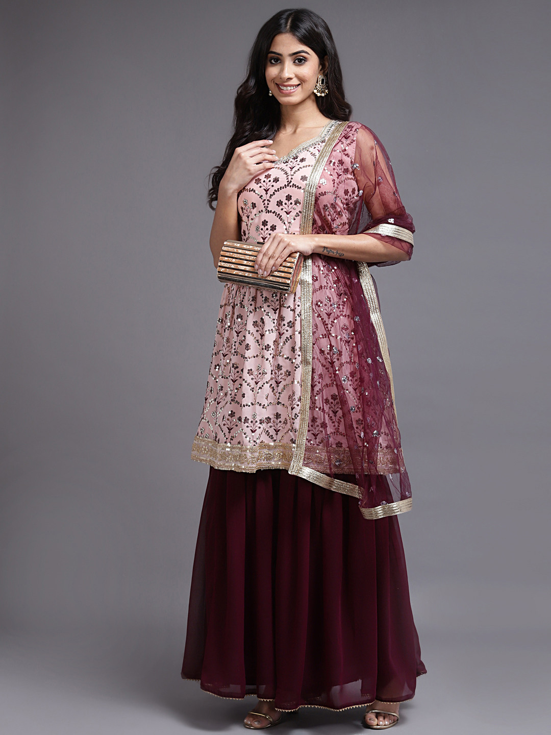 

SAARYA Women Pink Floral Pleated Sequinned Kurti with Sharara