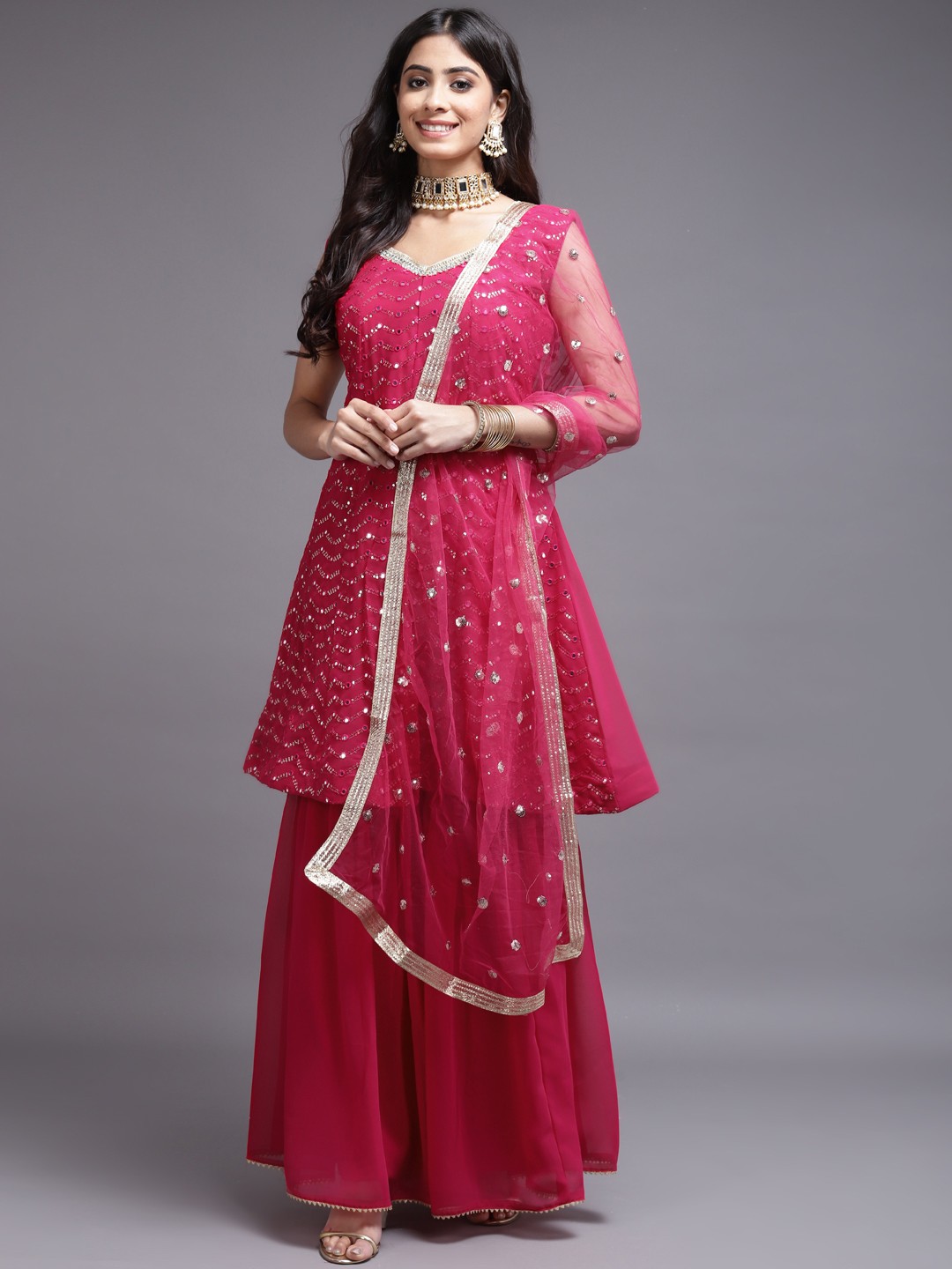 

SAARYA Women Magenta Printed Angrakha Sequinned Kurta with Sharara & With Dupatta