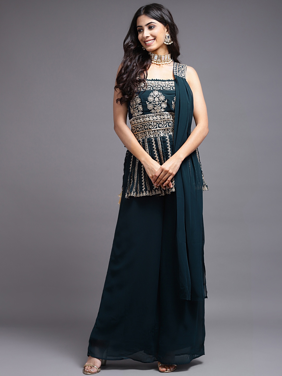 

SAARYA Women Blue Ethnic Motifs Embroidered Kurti with Sharara & Dupatta