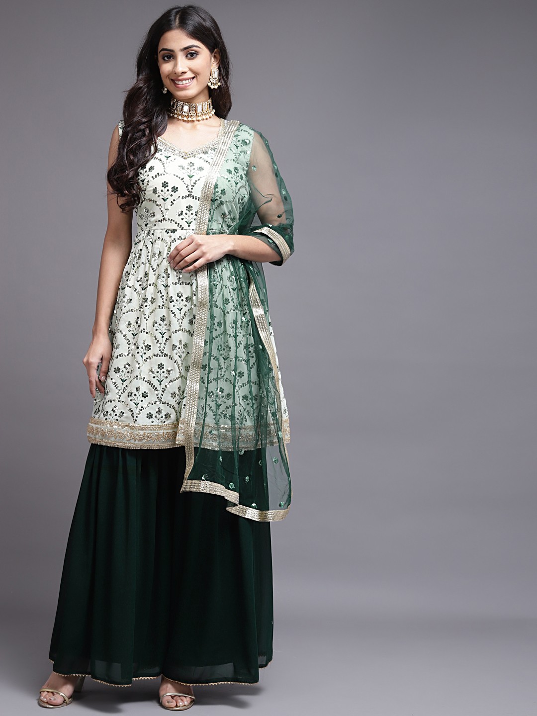 

SAARYA Women Green Floral Pleated Sequinned Kurti with Sharara & With Dupatta