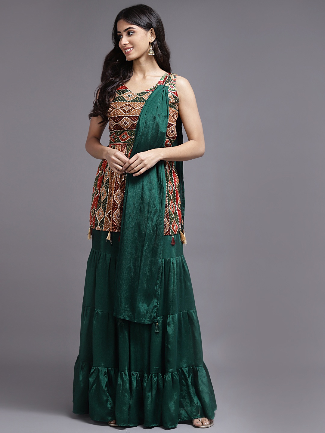 

SAARYA Women Green Embroidered High Slit Kurti with Sharara & With Dupatta