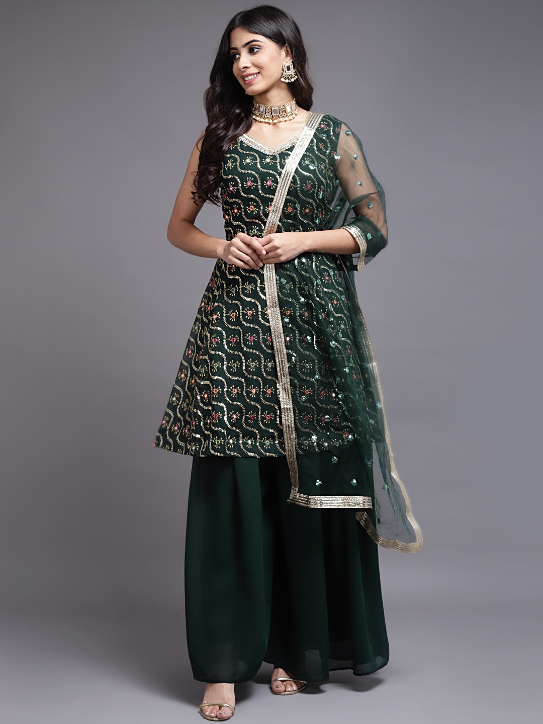 

SAARYA Women Green Ethnic Motifs Embroidered High Slit Sequinned Kurta with Sharara & With Dupatta