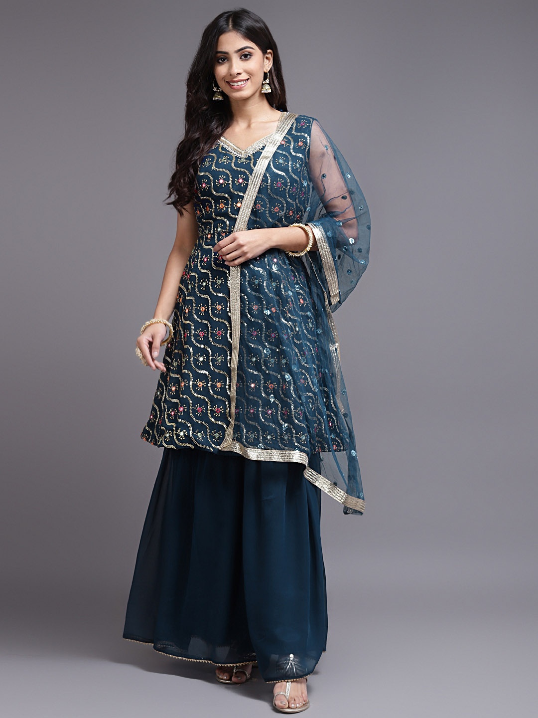 

SAARYA Women Navy Blue Embroidered Pleated Sequinned Kurti with Sharara & With Dupatta