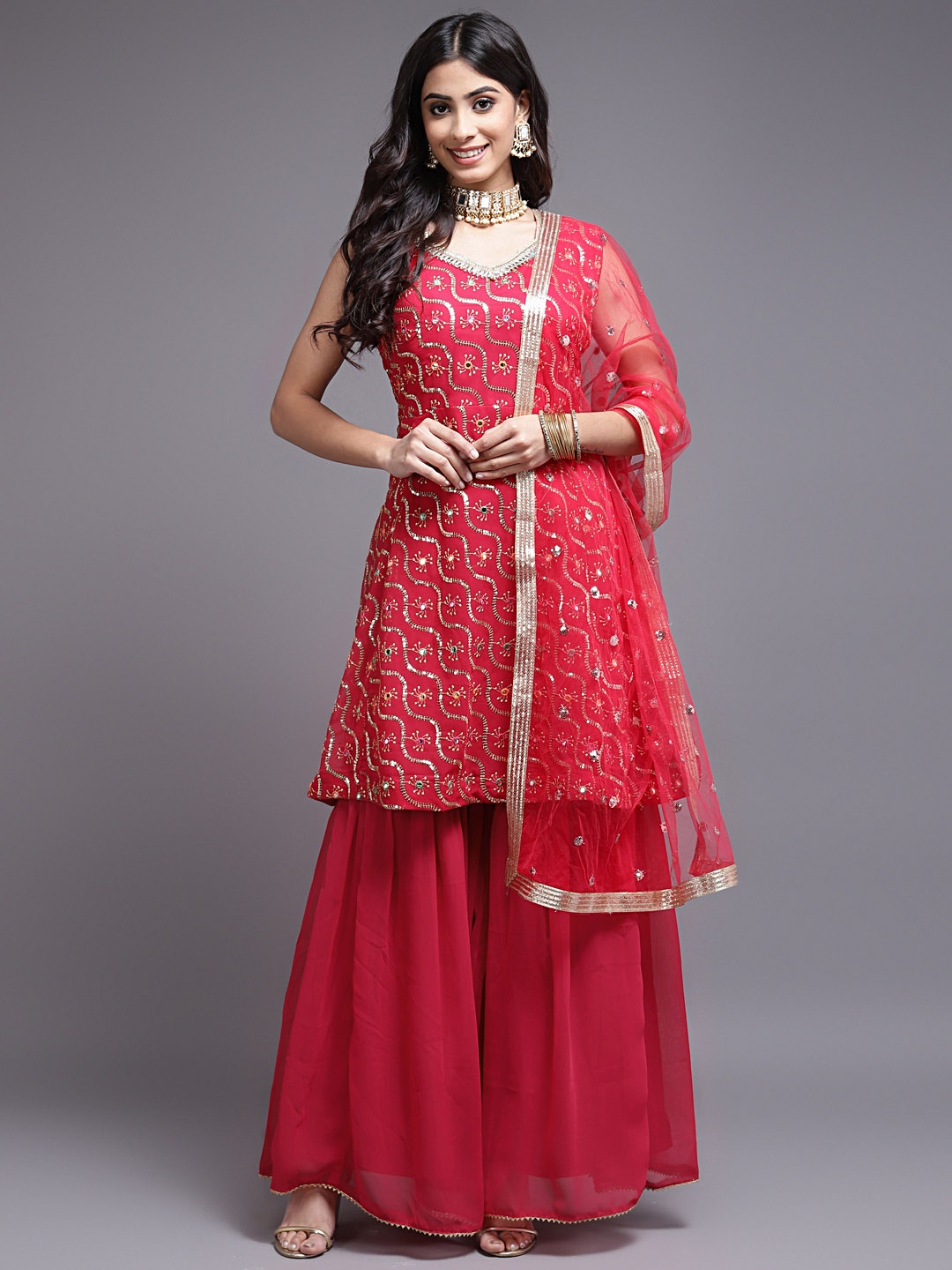 

SAARYA Women Red High Slit Sequinned Kurti with Sharara