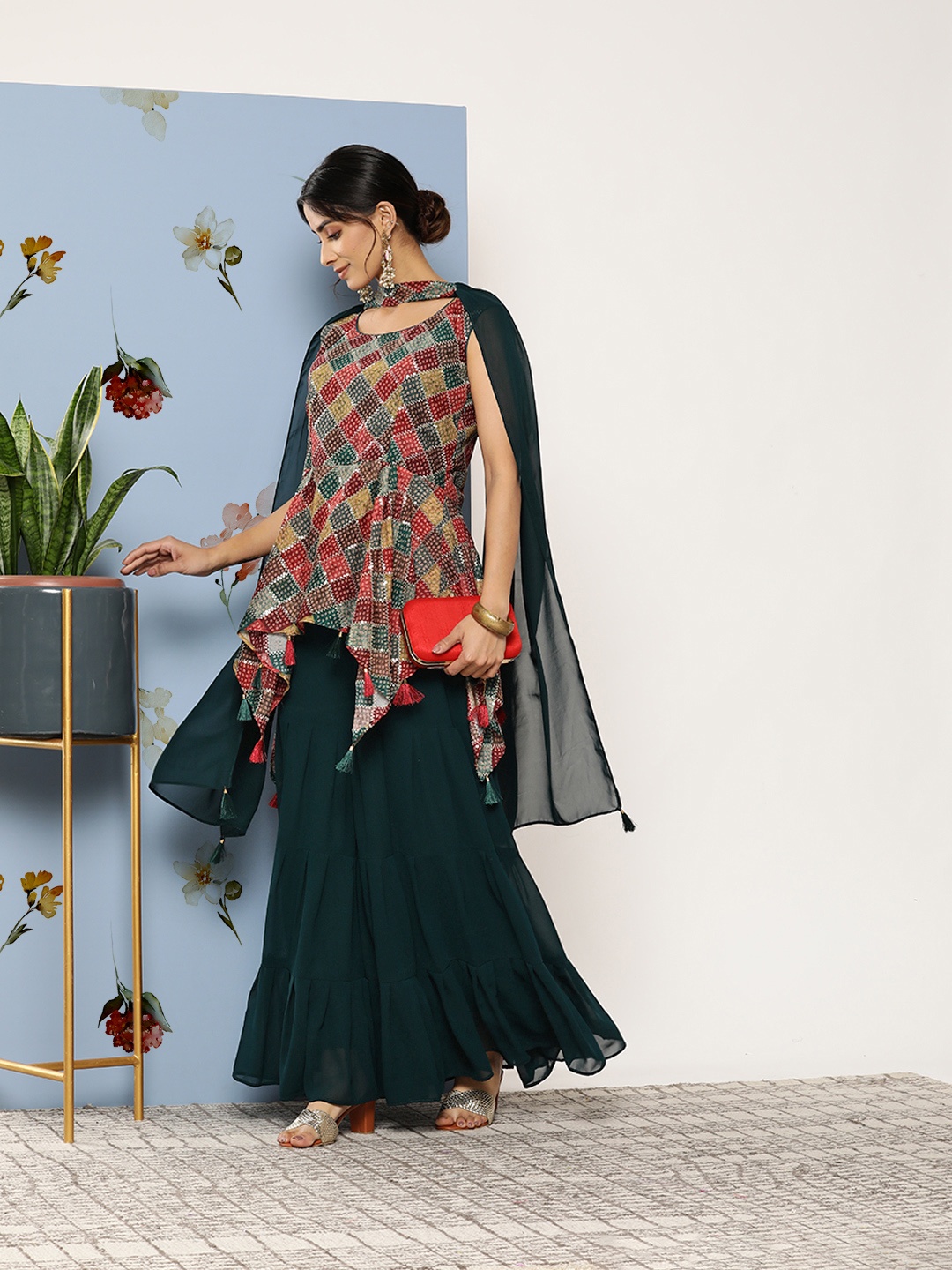 

SAARYA Women Green Embroidered Layered Kurti With Sharara & Dupatta