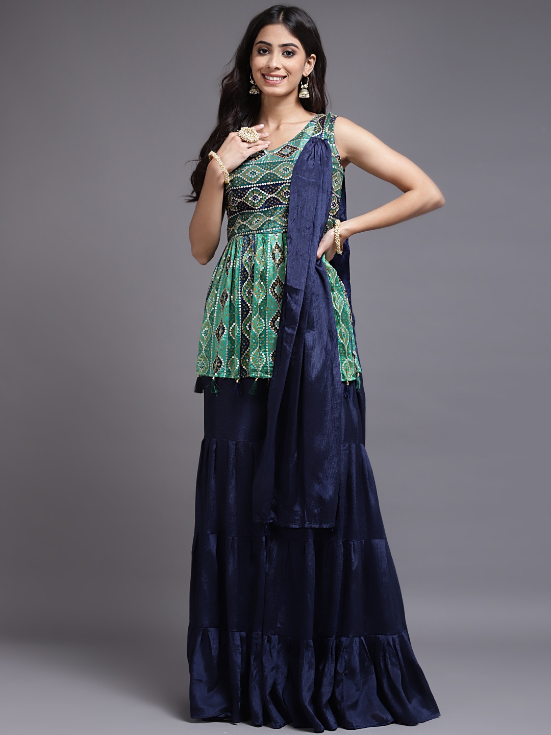 

SAARYA Women Navy Blue Embroidered Pleated Kurti with Sharara & With Dupatta