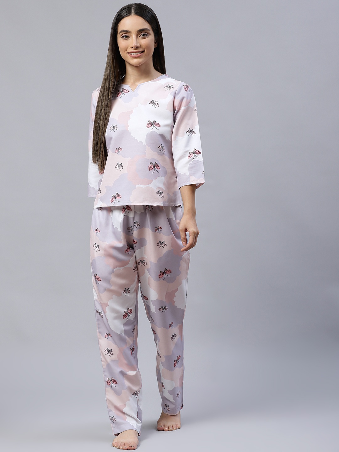 

Popnetic Women Peach-Coloured & Lavender Printed Night suit