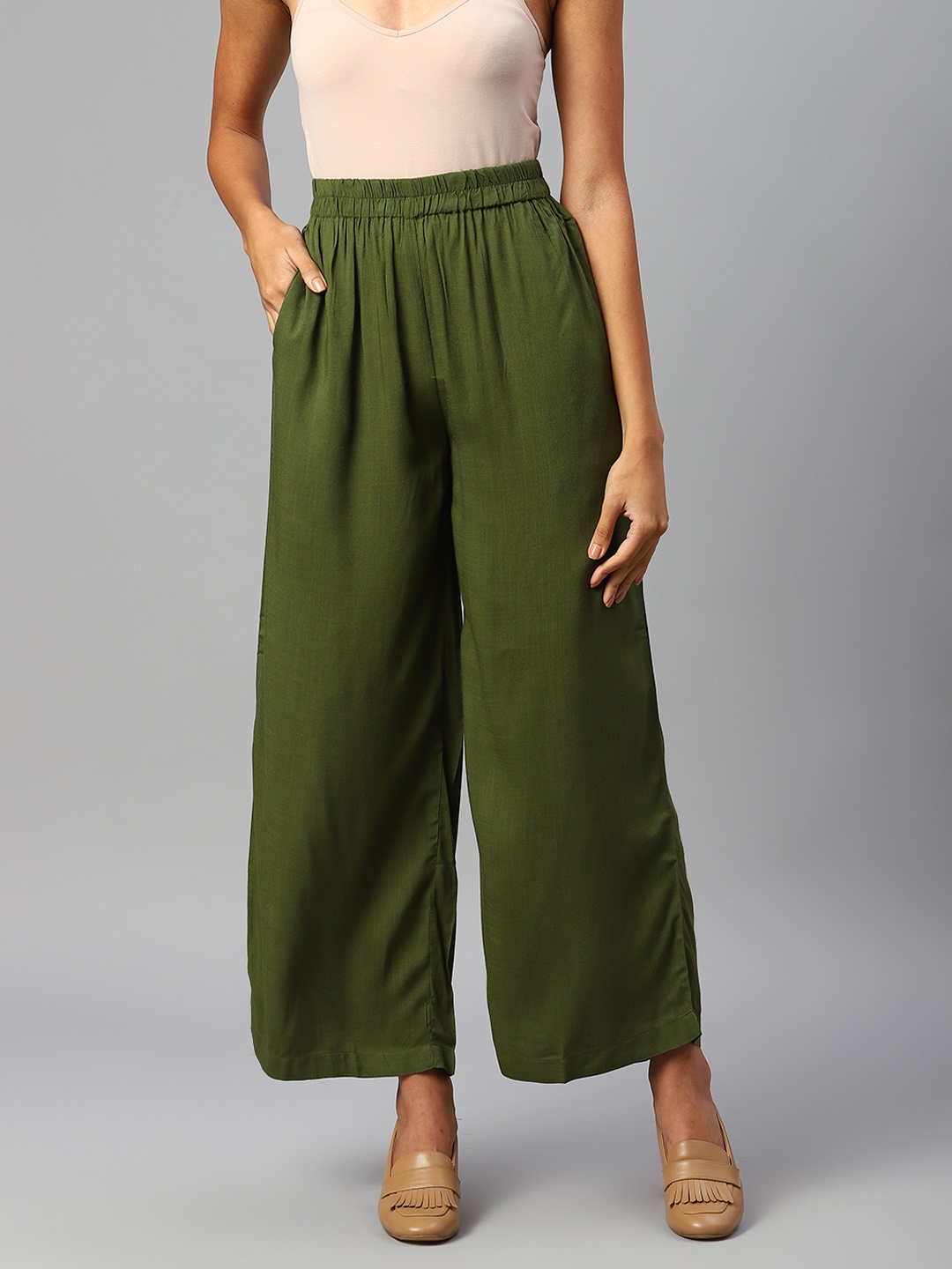 

Popnetic Women Olive Green Palazzos