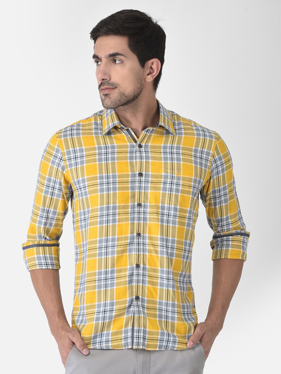 

Crimsoune Club Men Yellow Slim Fit Tartan Checks Checked Casual Shirt