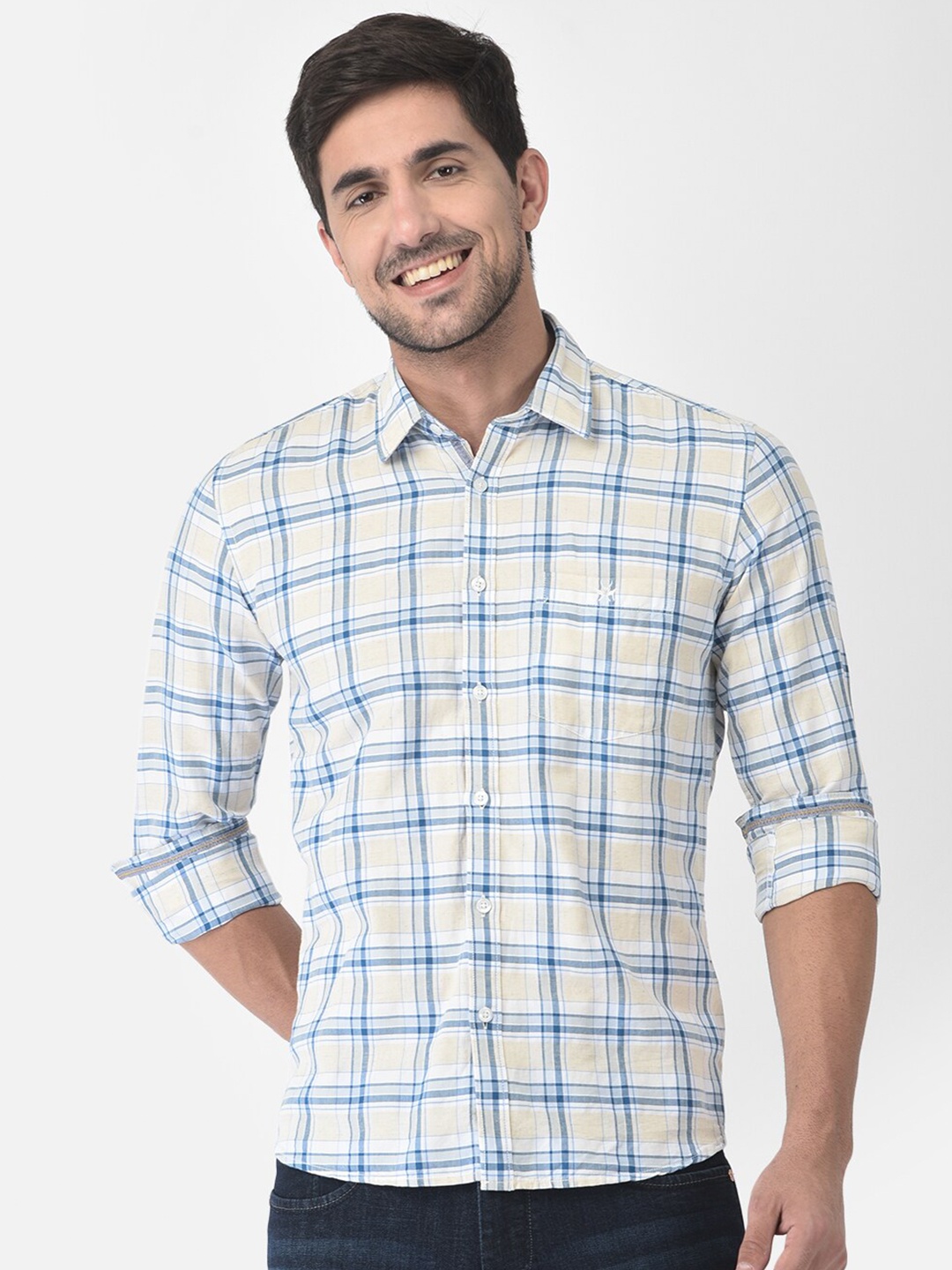 

Crimsoune Club Men Cream-Coloured Slim Fit Checked Casual Shirt
